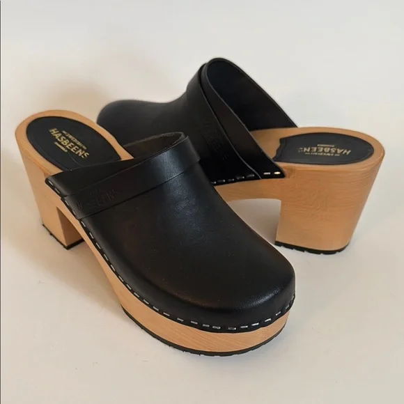 Swedish Hasbeens LOUISE Black Leather Platform Clogs Heels 38 - Picture 7 of 10